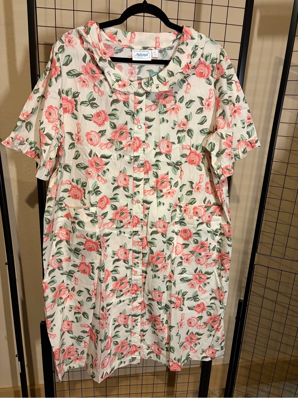 National Cream Floral Button-Front Nightgown House Coat with Pink Roses